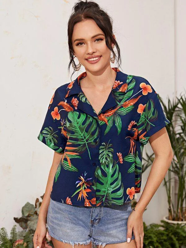 Notched Collar Tropical Print Blouse Delicate Bow Blouse