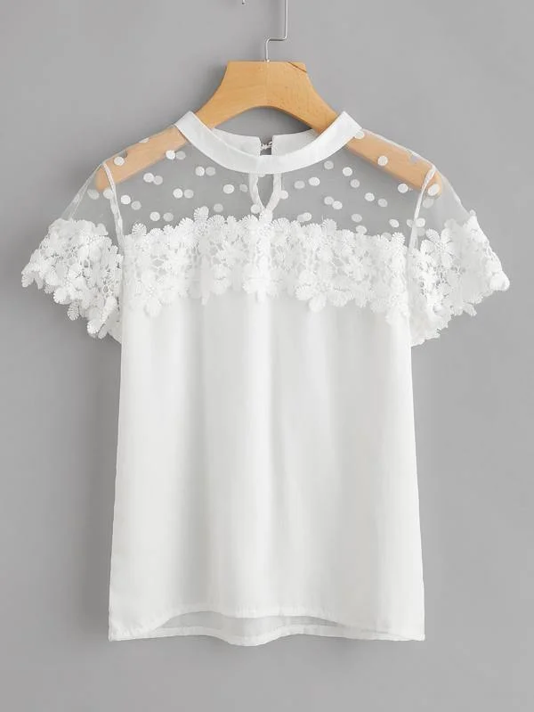 Dot Mesh Panel Crochet Appliques Blouse Lightweight Chiffon Blouse