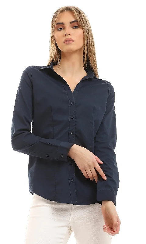34155 Navy Blue Buttoned Down Basic Shirt-- Satin Blend Silk Blend Wool Blend
