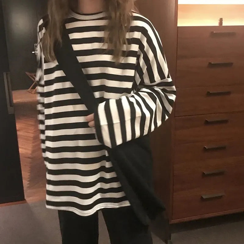 Women harajuku Striped Tshirt Long Sleeve O-Neck T-Shirts oversized T Shirt-- Nylon Fabric Polyester Fabric Spandex Fabric Women harajuku Striped Tshirt Long Sleeve O-Neck T-Shirts oversized T Shirt-- Nylon Fabric Polyester Fabric Spandex Fabric