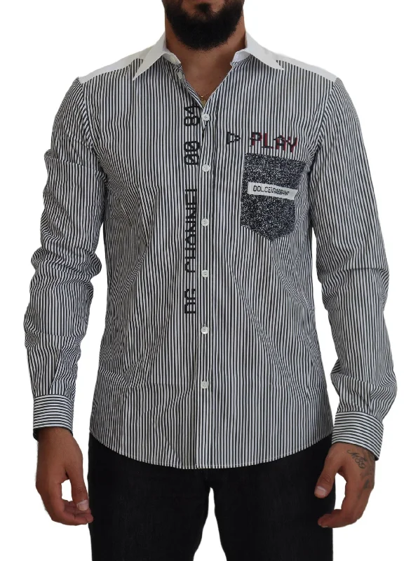 Dolce & Gabbana Gray White Striped Slim Fit Women's Shirt-- Houndstooth Herringbone Solid Dolce & Gabbana Gray White Striped Slim Fit Women's Shirt-- Houndstooth Herringbone Solid