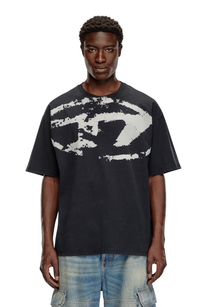 T-shirt with distressed flocked logo-- Denim Fabric Leather Fabric Suede Fabric