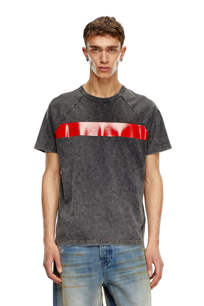Marble-Effect T-Shirt With Glossy Band-- Spandex Blend Rayon Blend Denim Blend