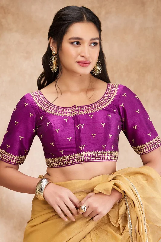 Purple Silk Embroidered Elbow Sleeve Blouse Backless Summer Blouse