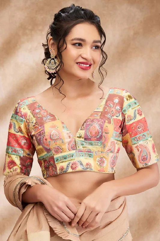 Yellow Silk Embroidered Elbow Sleeve Blouse Lightweight Floral Blouse