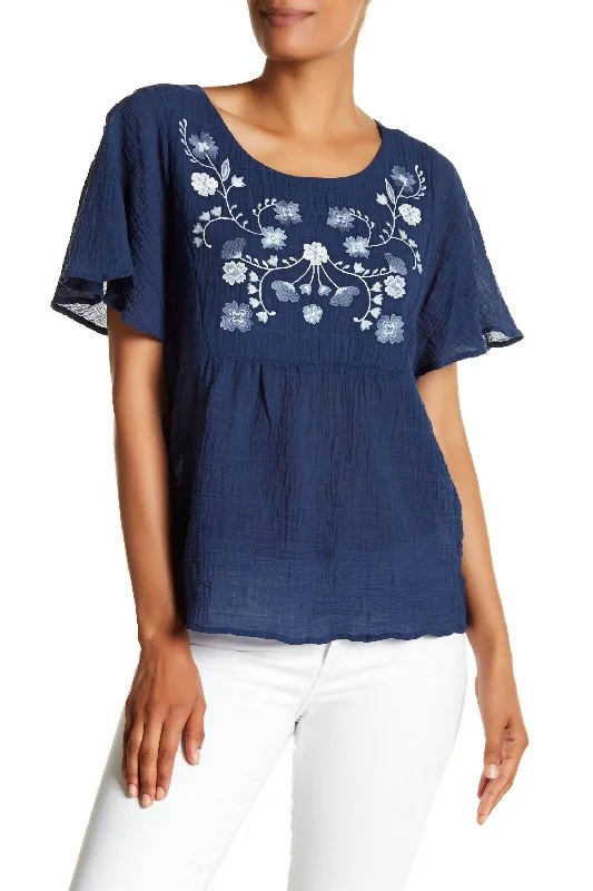Short Sleeve Crinkle Embroidery Blouse In High Tide Blue Semi-Sheer Blouse