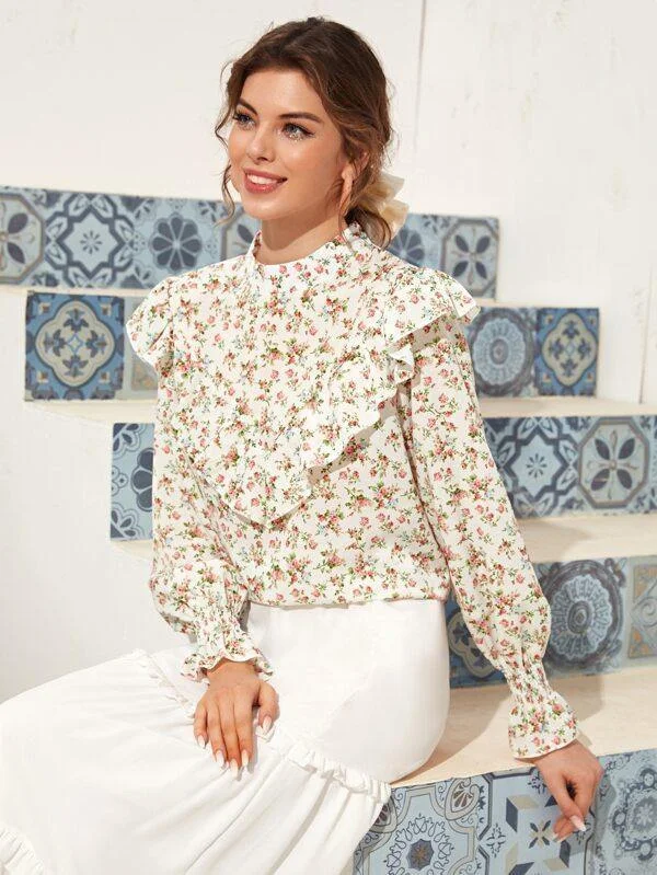 Ditsy Floral Print Ruffle Trim Blouse Soft Satin Blouse
