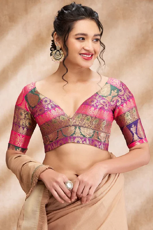 Multicolor Brocade Woven Elbow Sleeve Blouse Silky Draped Blouse