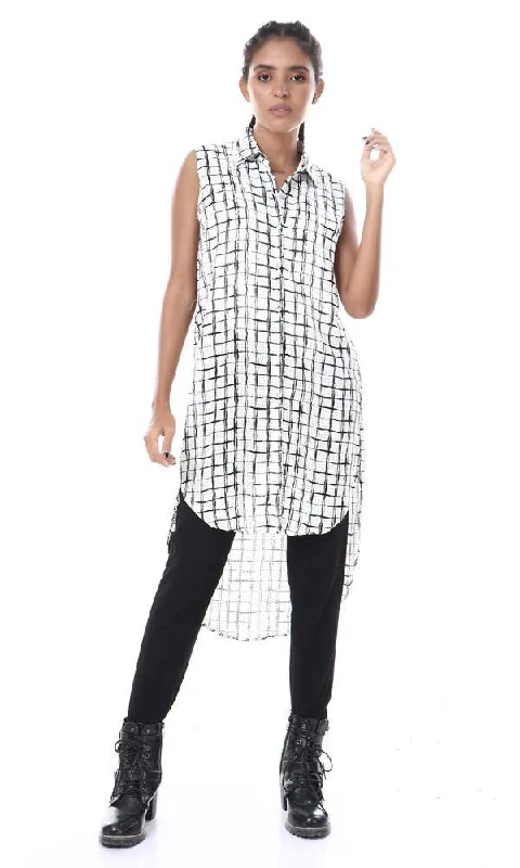 57097 Squares Pattern Buttoned Hi-Low Shirt - White & Black-- Elegant Classic Vintage 57097 Squares Pattern Buttoned Hi-Low Shirt - White & Black-- Elegant Classic Vintage
