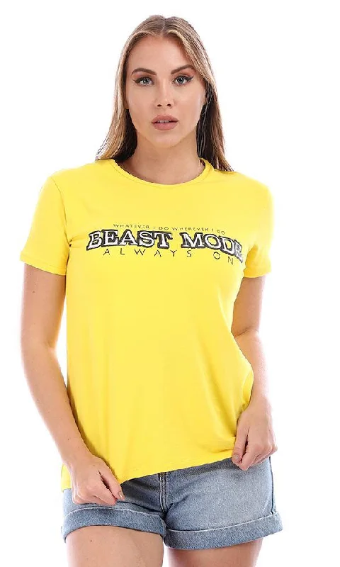 95040 "Beast Mode" Printed Short Sleeves T-Shirt - Yellow-- Notch Collar Peter Pan Collar Cowl Neck 95040 "Beast Mode" Printed Short Sleeves T-Shirt - Yellow-- Notch Collar Peter Pan Collar Cowl Neck