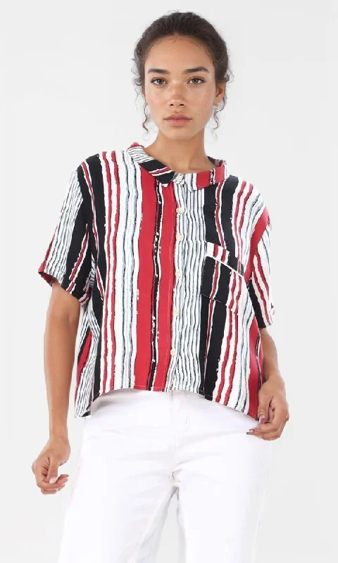 57045 Striped Short Sleeves Buttoned Crop Shirt-- V-Neck T-Shirt Long Sleeve Cotton