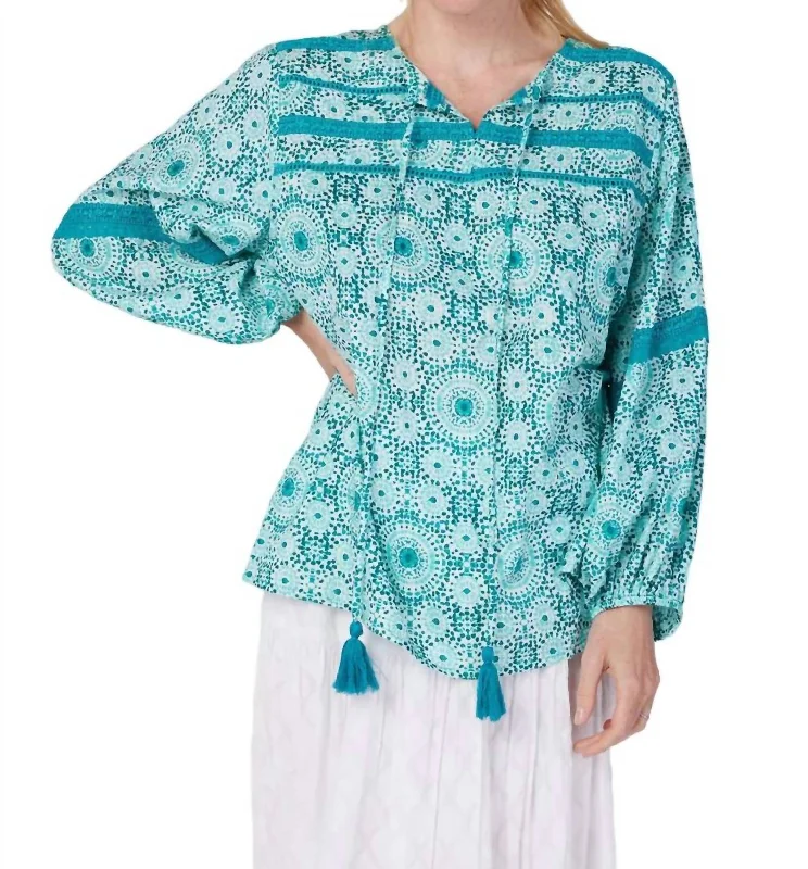 Leola Puff Sleeve Tassel Blouse In Greem Soft Pastel Blouse