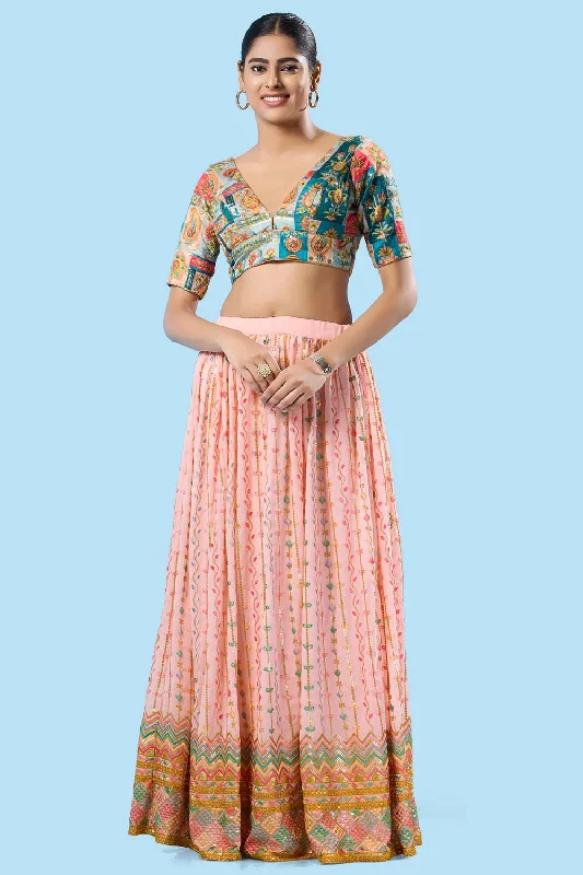 Sky Blue Brocade Back Open Elbow Sleeves Blouse Elegant Semi-Sheer Blouse
