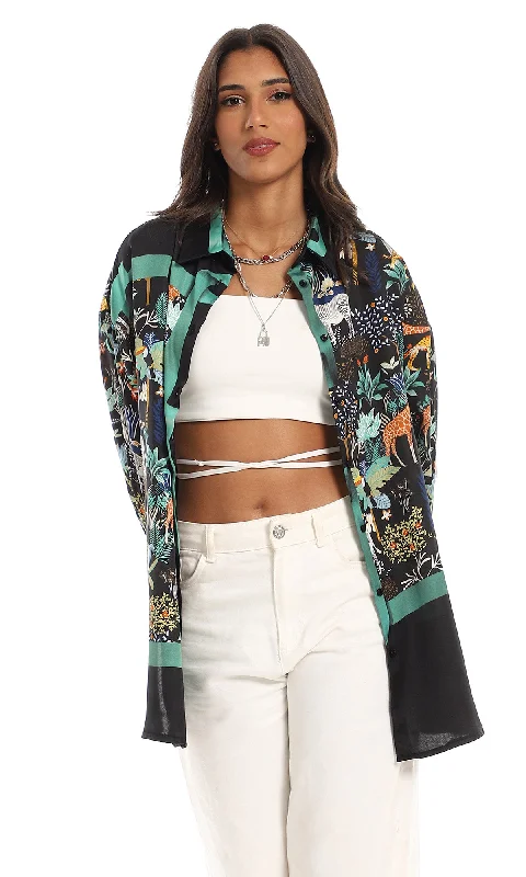 97508 Self Pattern Classic Neck Satin Shirt - Black & Green-- Welt Pockets Slit Pockets 97508 Self Pattern Classic Neck Satin Shirt - Black & Green-- Welt Pockets Slit Pockets