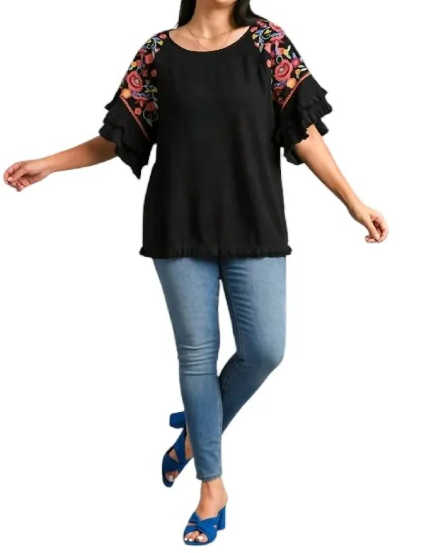 Floral Embroidered Frayed Sleeve Blouse Plus In Black Embellished Collar Blouse