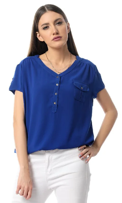 54412 Royal Blue Fluffy Short Sleeve Buttons-Up Shirt-- Hooded Caped Shawl Collar