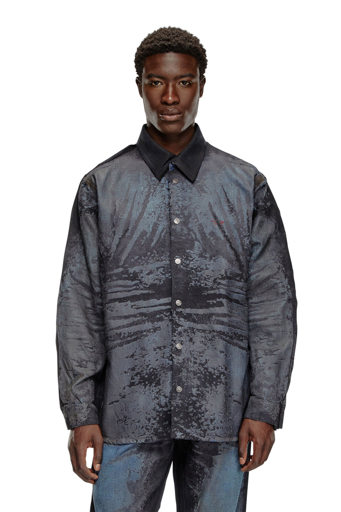 Shirt in peel-off denim and muslin-- Striped Floral Plaid