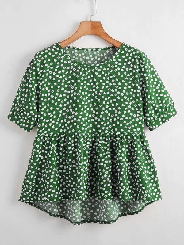 Ditsy Floral Print High Low Smock Blouse Embellished Collar Blouse