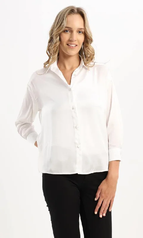 94677 Front Full Buttons White Satin Shirt-- Casual Formal Business