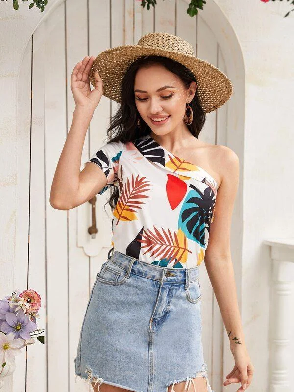 Tropical Print One Shoulder Blouse Stylish Wrap Blouse