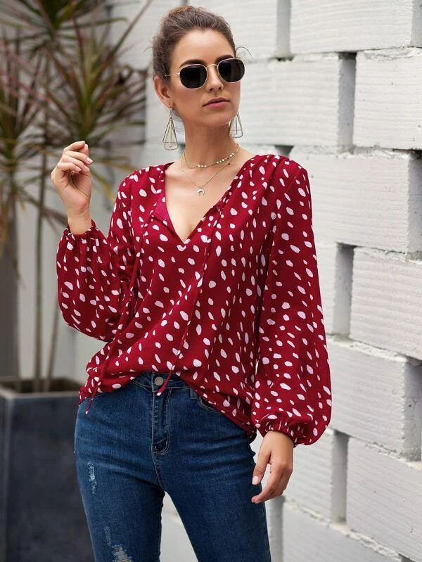 Graphic Print Lantern Sleeve Blouse Elegant Peplum Blouse