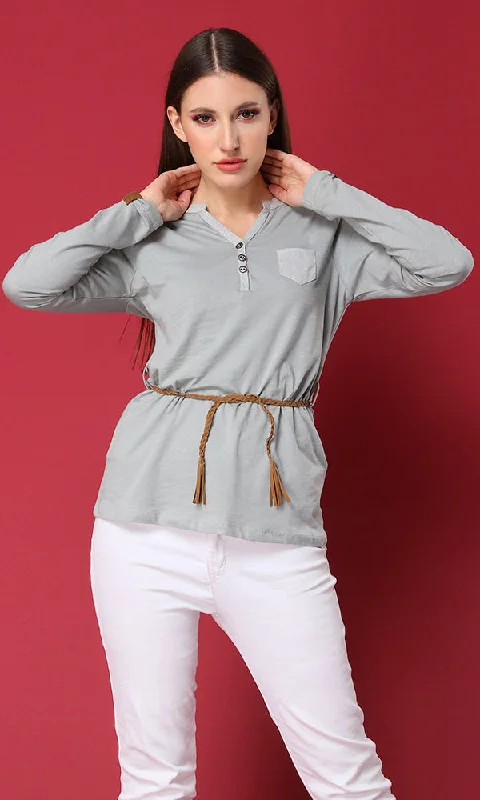 34068 Grey Basic Buttoned Henley T-Shirt-- Polka Dot Checkered Tartan