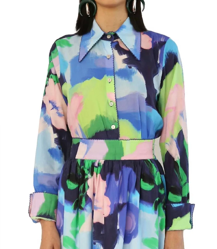 Carmela Long Sleeve Blouse In Oleo Azul Delicate Bow Blouse