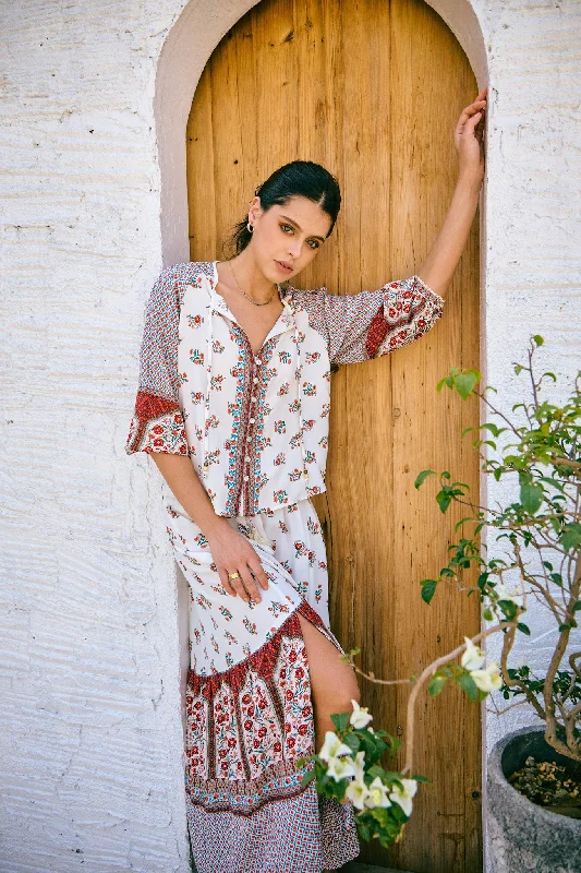 Petunia Red Floral Boho Blouse Double-Layered Blouse