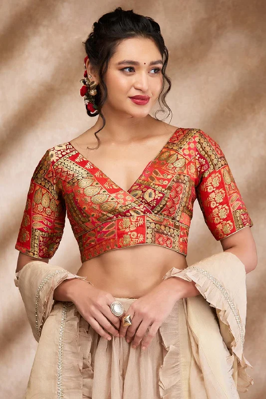Red Brocade Woven Elbow Sleeve Blouse Satin Bow Blouse