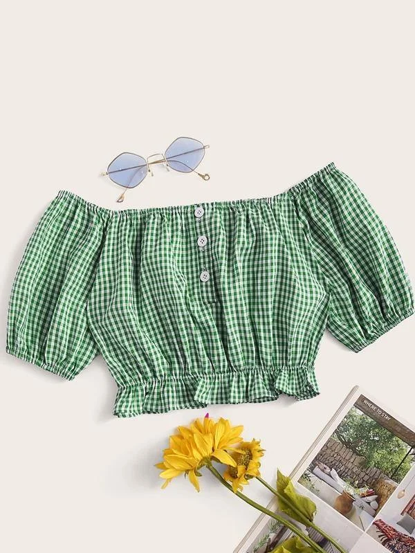 Button Front Ruffle Hem Gingham Bardot Crop Blouse High Neck Blouse