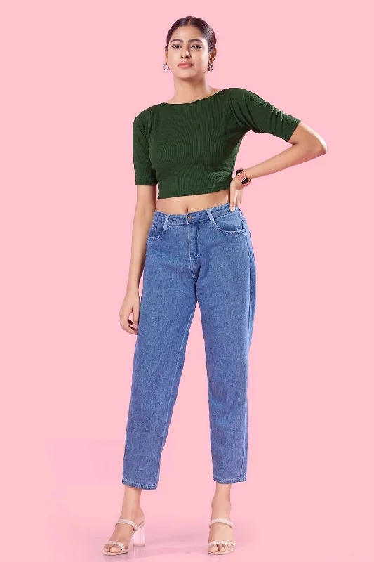 Bottle Green Jacquard Stretchable Elbow Sleeves Blouse Soft Pastel Blouse