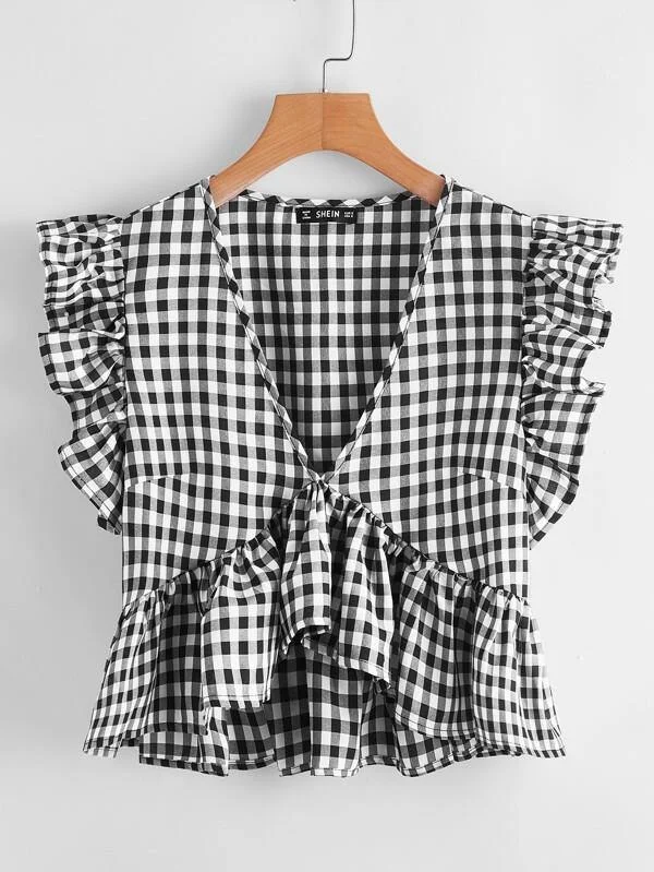 Gingham Print Ruffle Hem Blouse Drape Neck Blouse