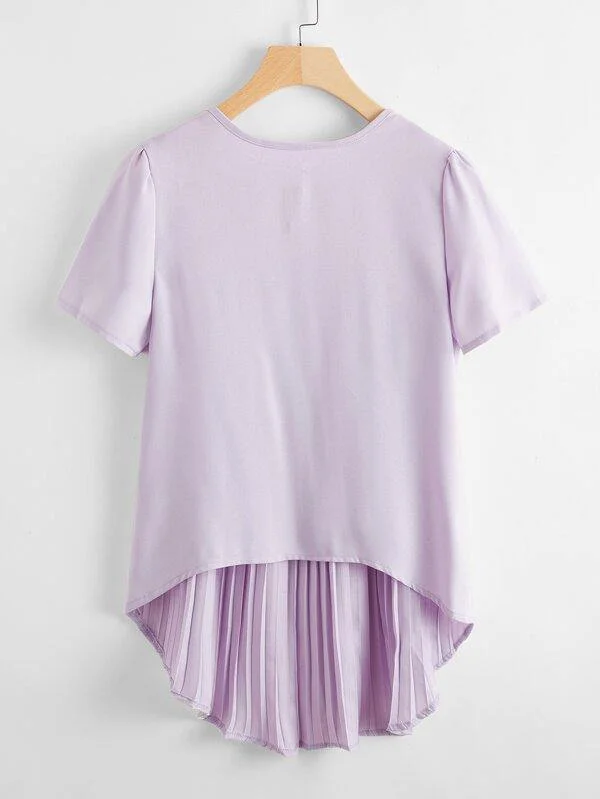 Solid Pleated High Low Hem Blouse Peter Pan Collar Blouse