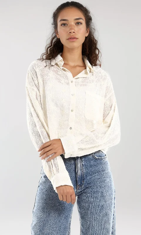 97325 Embroidered Long Sleeves Cream Cropped Shirt-- Polka Dot Checkered Tartan