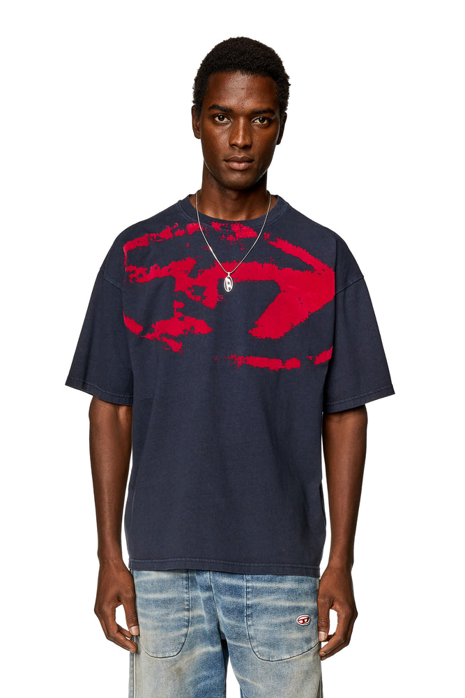 T-shirt with distressed flocked logo-- Anti-Shrink Durable Soft