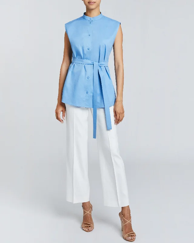 LIZETTE Sleeveless Button-Down Cotton Poplin Shirt-- Mesh Canvas Denim