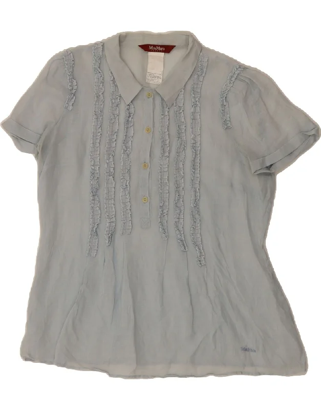 MAX MARA Womens Ruffle Front Blouse Top UK 16 Large Blue Silk Vintage Lace Blouse