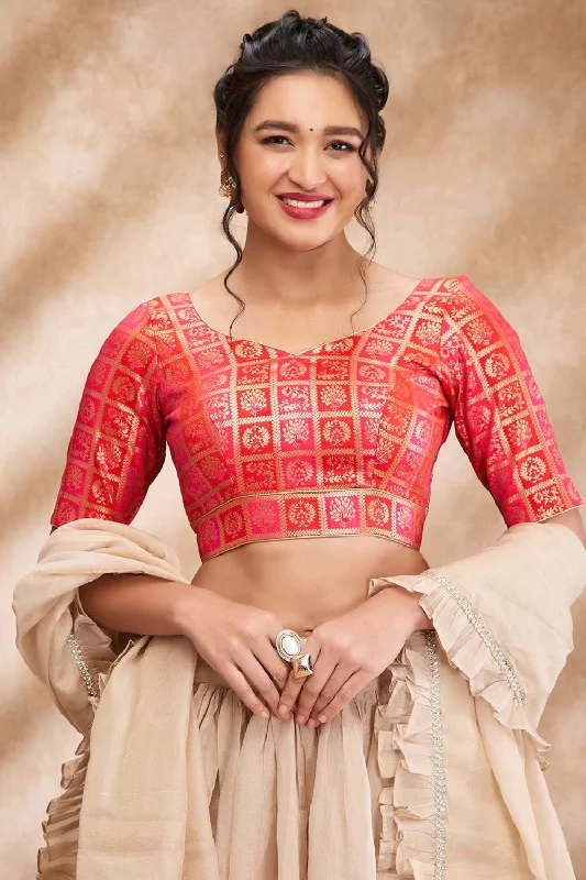 Tomato Pink Brocade Woven Elbow Sleeve Blouse Mandarin Collar Blouse