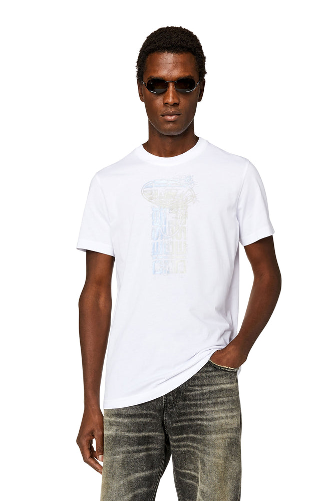 T-shirt with metallic logos-- Print Jacquard Patchwork