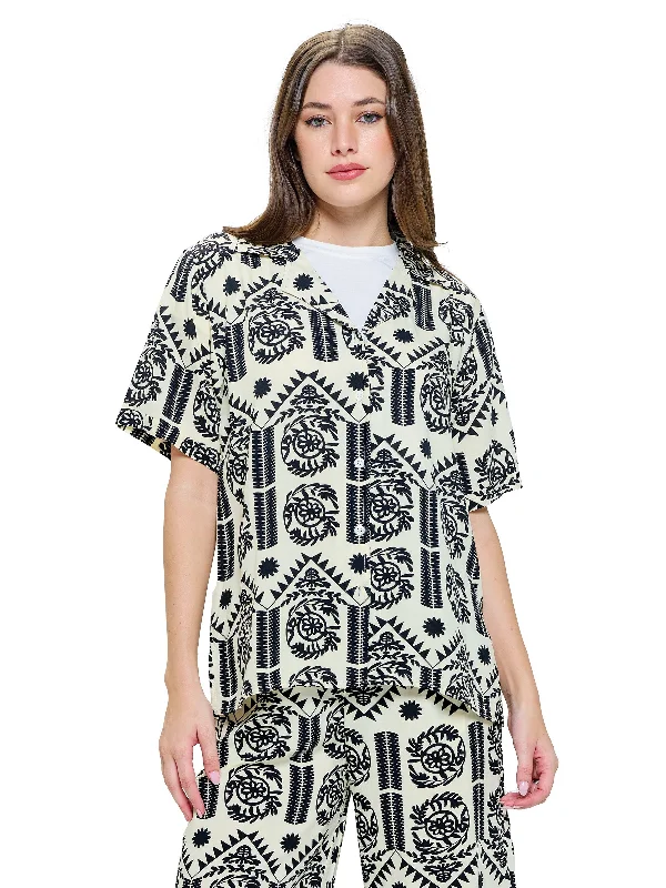 Button up Blouse Floral Tribal Print Loose Fit Blouse