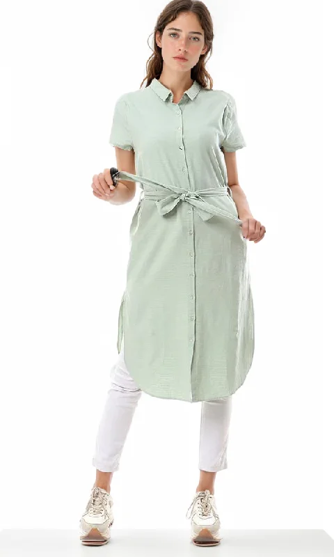 57258 Self Horizontal Stripe Side Slitted Mint Green Long Shirt-- Print Jacquard Patchwork 57258 Self Horizontal Stripe Side Slitted Mint Green Long Shirt-- Print Jacquard Patchwork