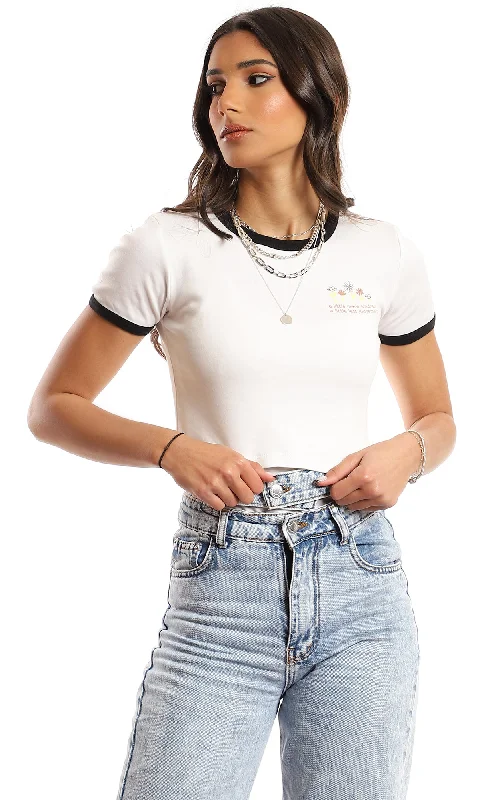 97247 Side Printed Cotton Cropped Slip On T-Shirt - Off White-- Ribbed Striped Patterned