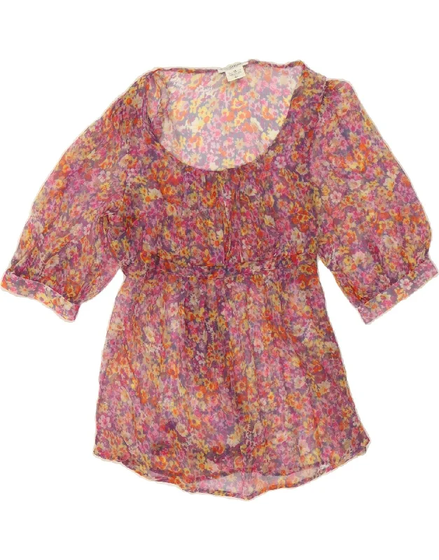 NARACAMICEE Womens 3/4 Sleeve Blouse Top UK 12 Medium Multicoloured Floral Frilled Cuff Blouse