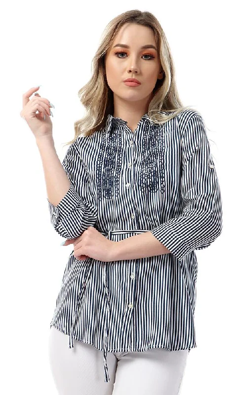 53583 Buttoned High Low Striped & Floral Embroidered Navy Blue Shirt-- Graphic Embroidered Appliqued 53583 Buttoned High Low Striped & Floral Embroidered Navy Blue Shirt-- Graphic Embroidered Appliqued