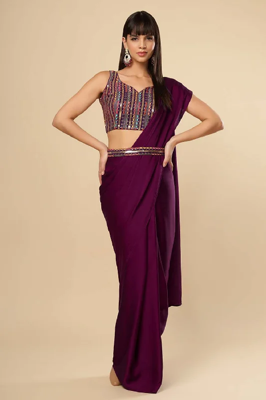 Bianca Burgundy Silk Ready To Wear Saree Set With Shimmer Blouse Feminine Puff Blouse