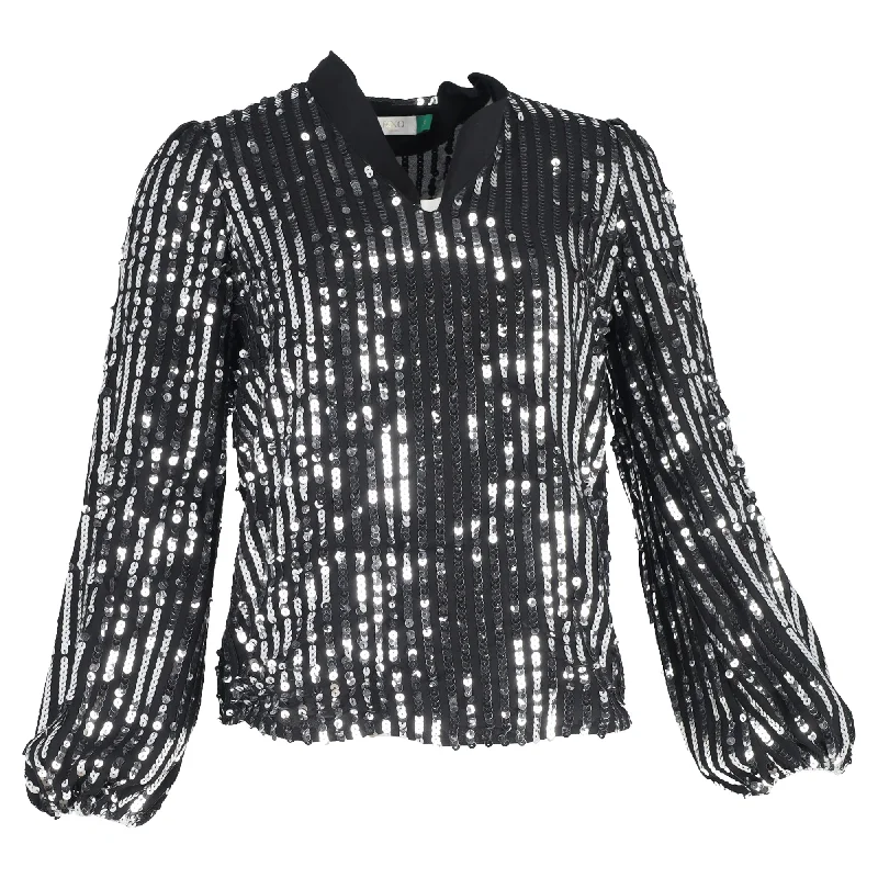 Rixo Moss Stripe Peasant Blouse in Black Sequins Elegant Peplum Blouse