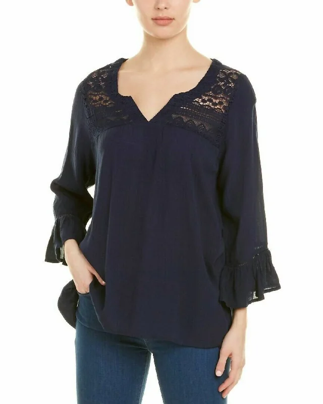 Boho Blouse Top Lace Front And Back Blouse In Navy Blue Casual Button Blouse