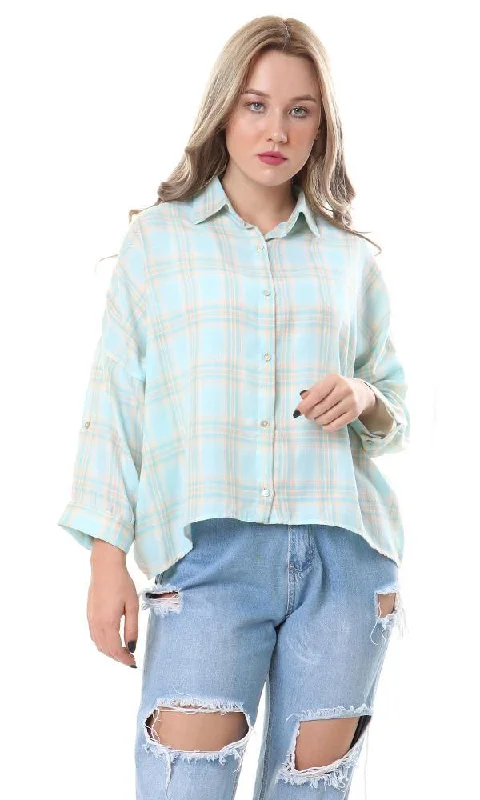 57077 High-Low Loose Tartan Aqua Casual Shirt-- Handmade Hand-knitted Hand-woven