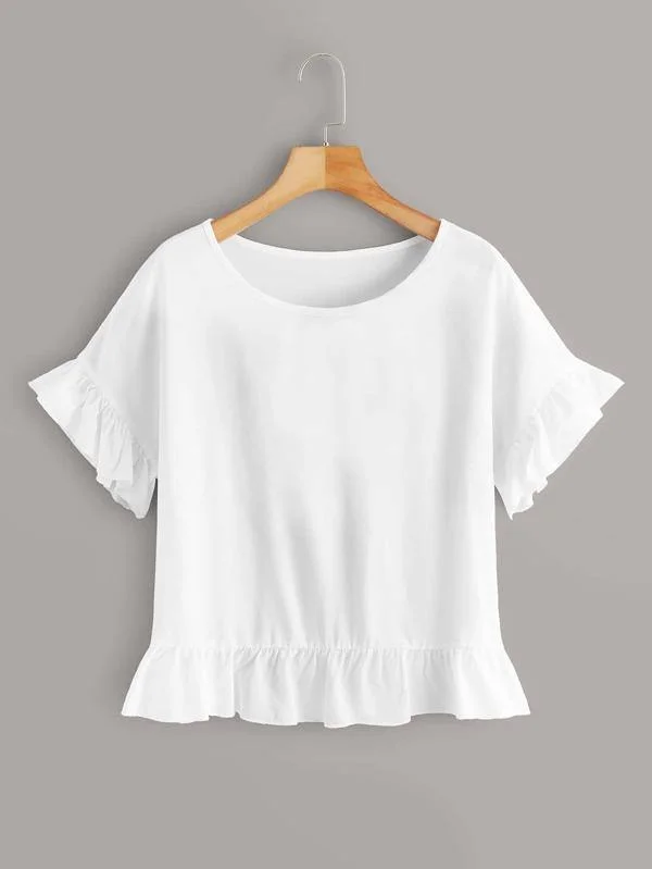 Solid Flounce Sleeve Babydoll Blouse Elegant Lace Blouse