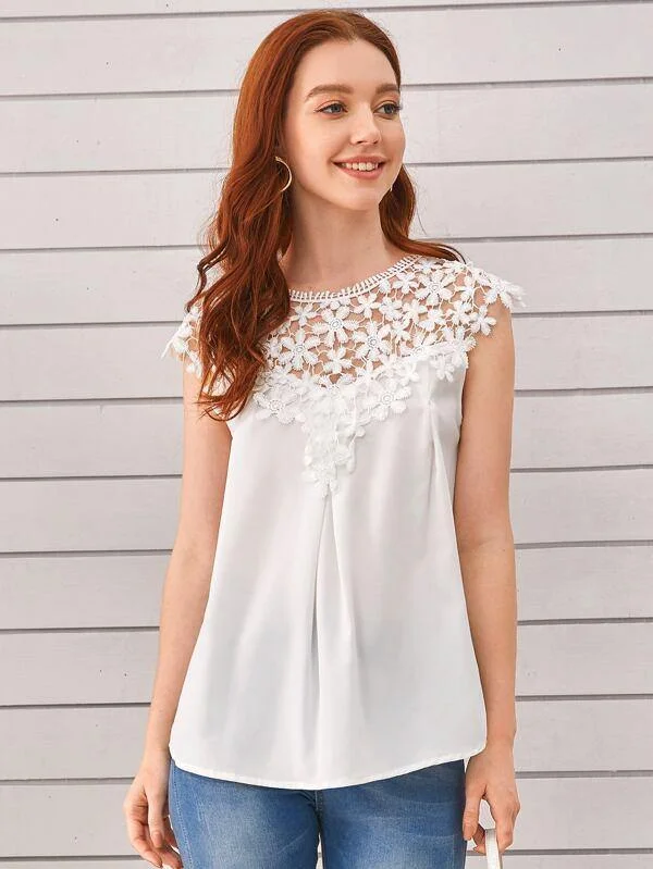 Crochet Floral Panel Solid Blouse Soft Satin Blouse